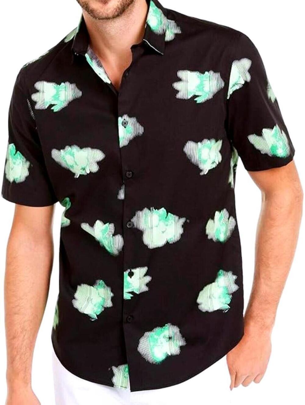 ALFANI Mens XXL Black / Fresh Clover Button-Up Short Sleeve 100% Cotton Shirt